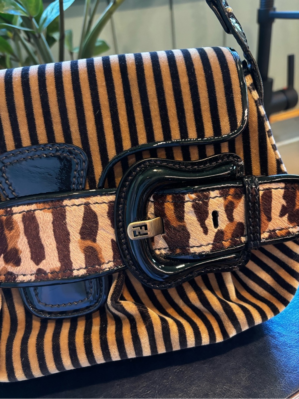 FENDI Pony Hair Stripe Leopard Baguette Shoulder Bag Patent Leather Rare - Picture 4 of 16